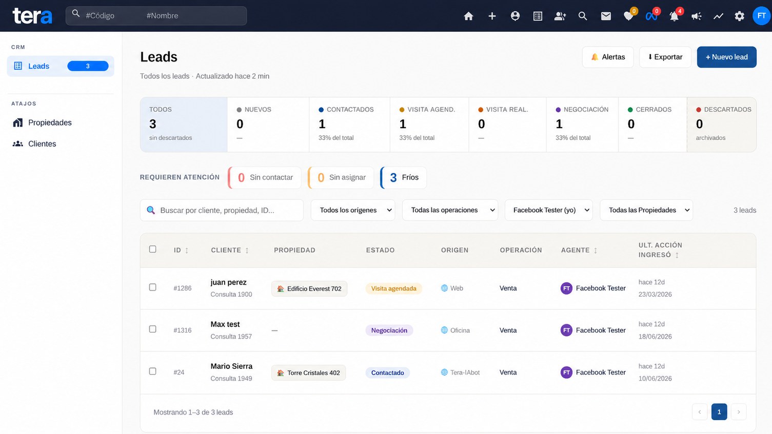 Panel de leads del CRM de Tera: estados, origen, agente y última acción